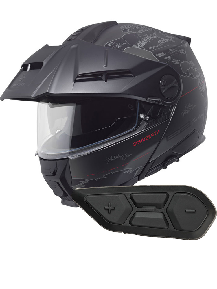 Zestaw: kask szczękowy Schuberth E2 Atlas czarno-szary + dedykowany interkom motocyklowy