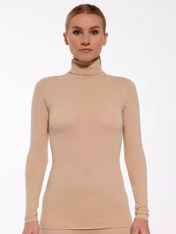 Koszulka damska z golfem Brubeck Comfort Merino beżowa