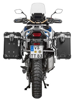 Zestaw: kufry boczne z anodowanego aluminium czarne Zega Evo X + stelaże srebne Touratech Honda CRF1100L Africa Twin (22-)/ Adventure Sports (2 x 38L)