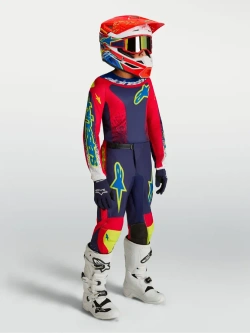 Spodnie cross dziecięce Alpinestars MX Fluid Drag niebiesko-czerwono-żółte