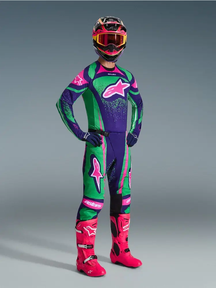 Spodnie cross Alpinestars MX Techstar Nomur niebiesko-zielono-różowe