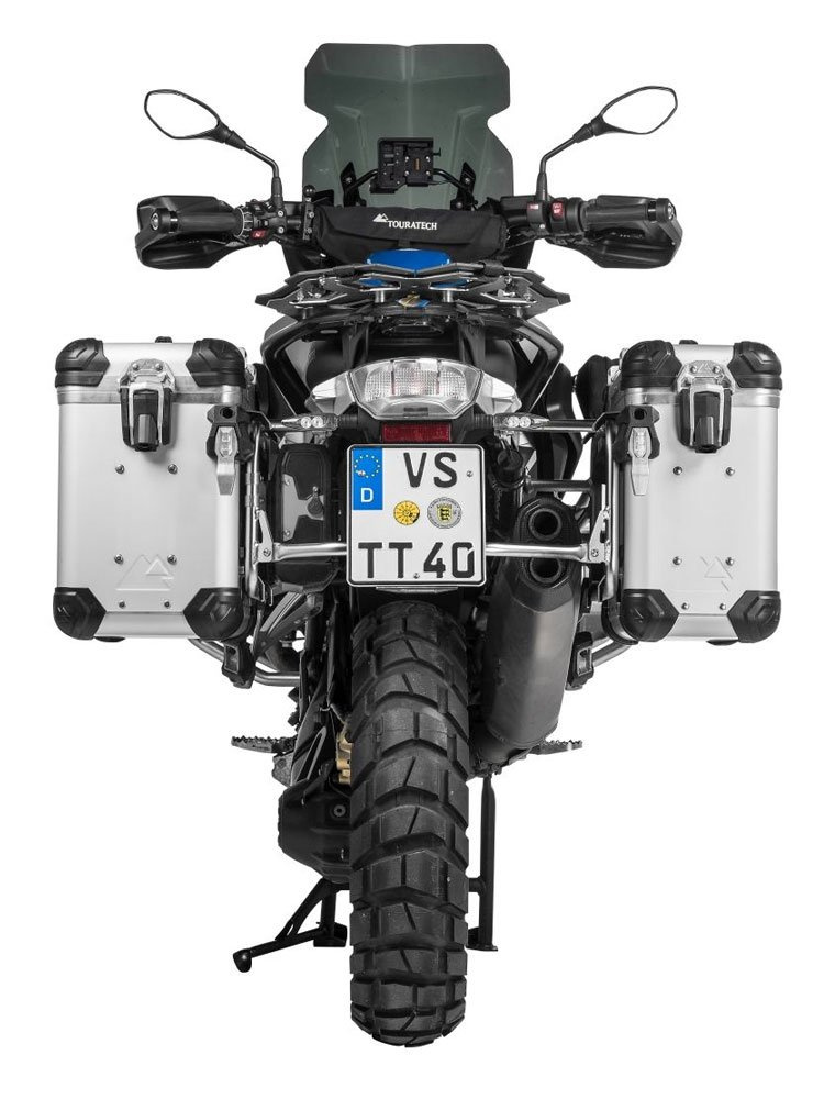Zestaw: kufry boczne z anodowanego aluminium srebrne "And-S" Zega Evo + stelaże srebrne Touratech BMW R1250GS/ R1250GS Adventure/ R1200GS (13-21)/ R1200GS Adventure (14-21) (31+38L)