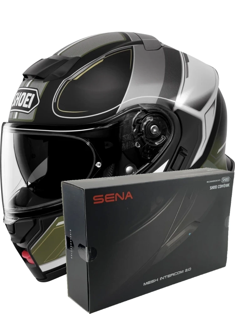 Zestaw: kask szczękowy Shoei Neotec 3 Sharpen TC-11 czarno-zielony + dedykowany interkom motocyklowy Sena SRL 3