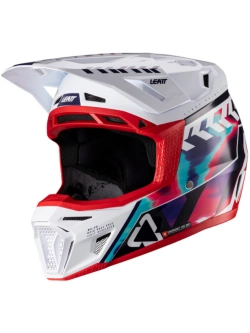 Kask enduro Leatt Moto 8.5 V25 biało-niebiesko-czerwony z goglami czerwono-niebieskimi