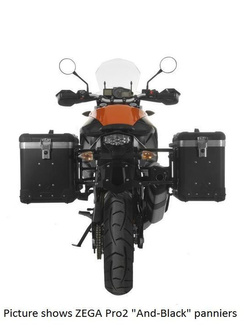 Zestaw: kufry boczne z anodowanego aluminium czarne Zega Pro + stelaże czarne Touratech KTM 1050 Adventure/ 1090 Adventure/ 1290 Super Adventure (-20)/1190 Adventure/R (38+45L)