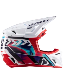 Kask enduro Leatt Moto 8.5 V25 biało-niebiesko-czerwony z goglami czerwono-niebieskimi