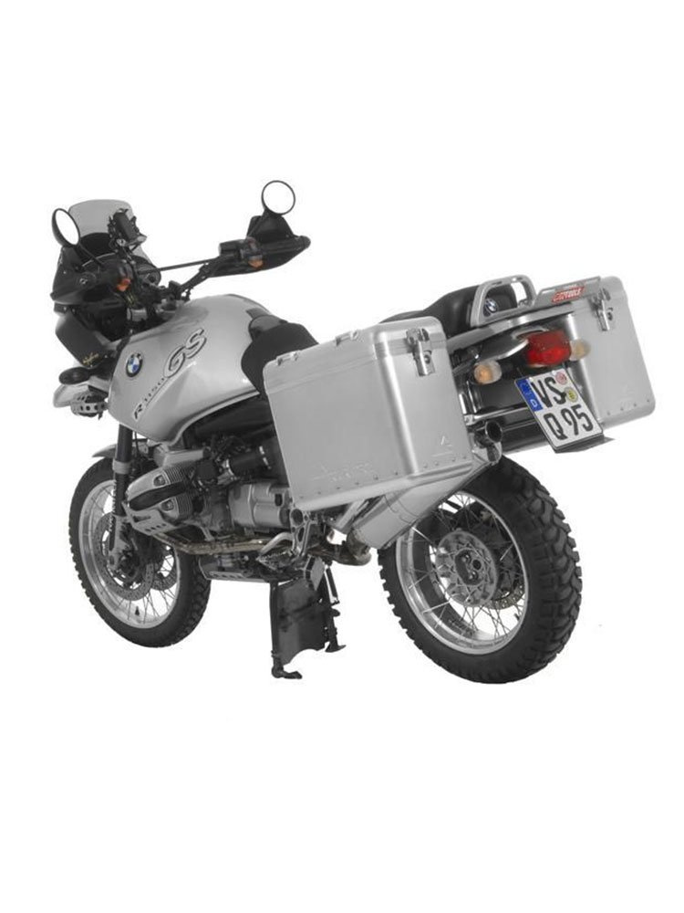 Zestaw: kufry boczne srebrne Zega Mundo + stelaże srebrne Touratech BMW R1150GS/ R1100GS/ R850GS (38+45L)