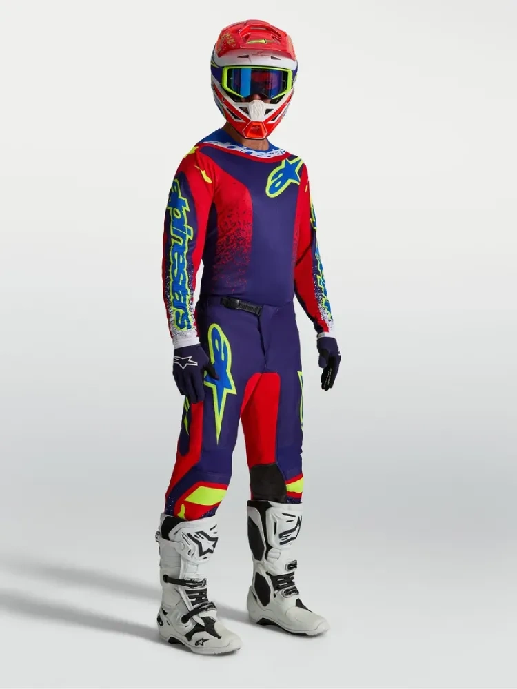 Spodnie cross Alpinestars MX Fluid Drag niebiesko-czerwono-żółte