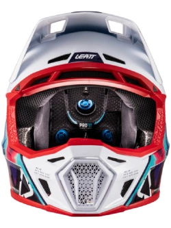 Kask enduro Leatt Moto 8.5 V25 biało-niebiesko-czerwony z goglami czerwono-niebieskimi