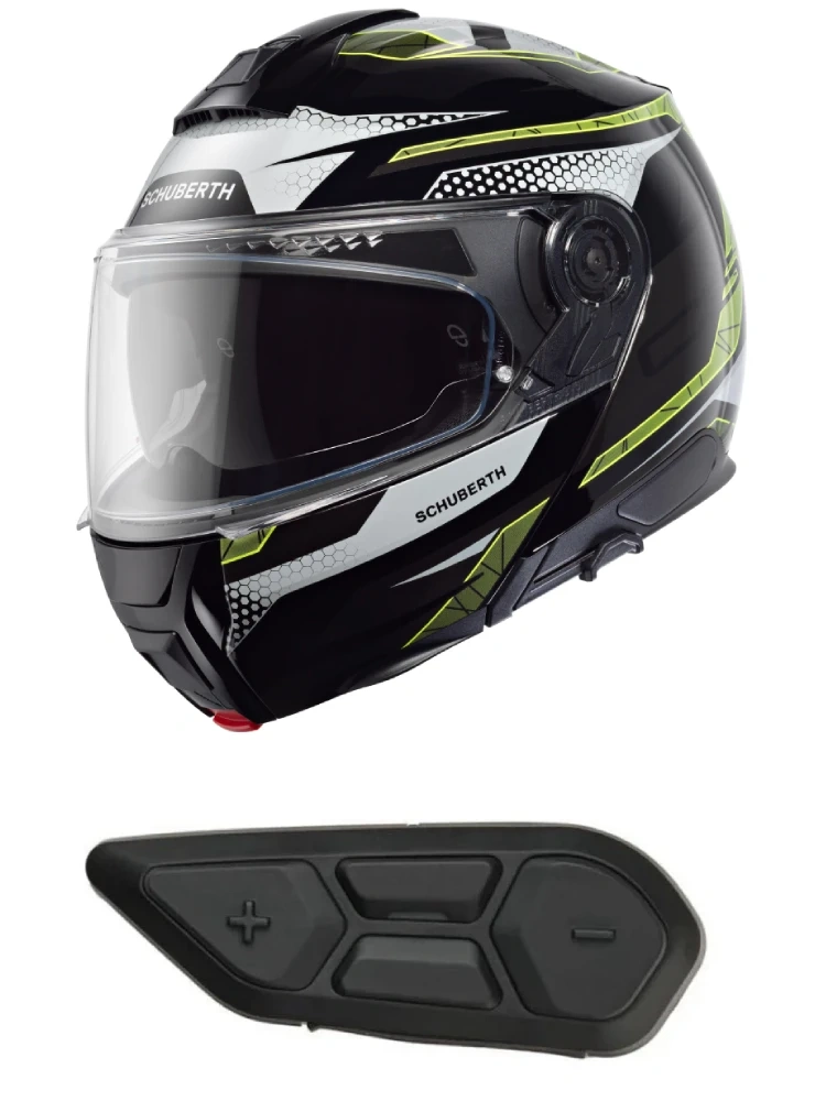 Zestaw: Kask szczękowy Schuberth C5 Velocity czarno-szaro-żółty + dedykowany interkom motocyklowy