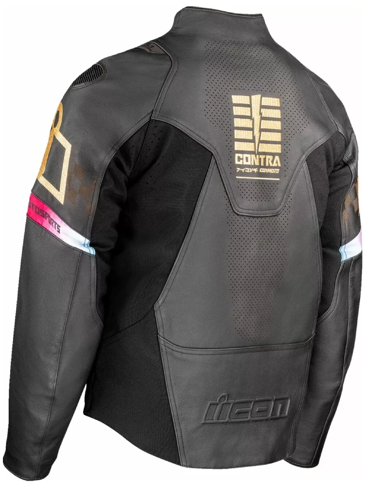 Kurtka motocyklowa skórzana Icon Contra3 Rizz Rizz czarno-czerwono-żółta