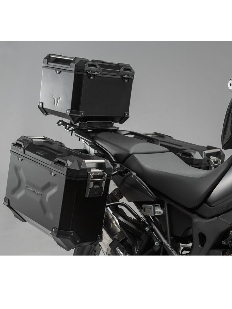 Zestaw: kufry boczne 45/37L + kufer centralny 38L TRAX ADV+ stelaże SW-MOTECH do motocykla Honda CRF1000L Africa Twin (15-17) czarne