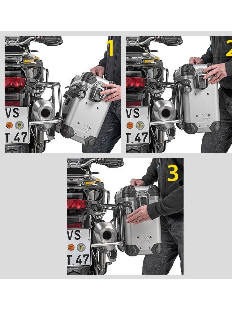 Zestaw: kufry boczne z anodowanego aluminium czarne "And-Black" Zega Evo + stelaże czarne Touratech BMW F850GS/ Adventure/ F750GS/ F900GS Adventure/ F800GS (24-) (38+45L)