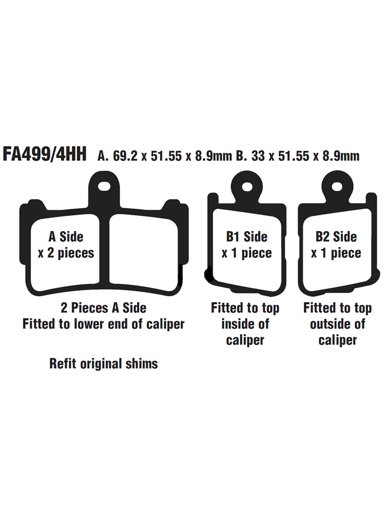Klocki hamulcowe EBC FA499/4HH A. 69.2 x 51.55 x 8.9mm B. 33 x 51.55 x 8.9mm na przód.
