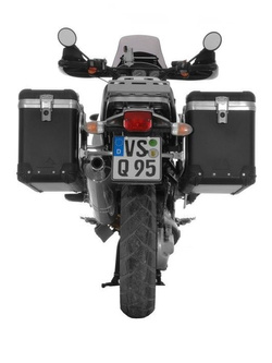 Zestaw: kufry boczne z anodowanego aluminium czarne Zega Pro + stelaże srebrne Touratech BMW R1150GS/R1150GS Adventure/R1100GS/R850GS (38+45L)