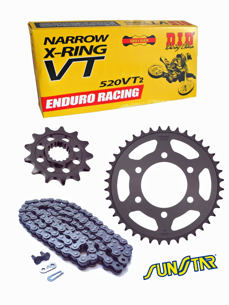 KTM EXC125/250/300/360/380/400/450/500/525/EXC-F250/GS250/MX200/SMR525/SX250/360/380/450/500/525/SX-F350/450/XC300 zestaw napędowy DID520 VT2 ENDURO