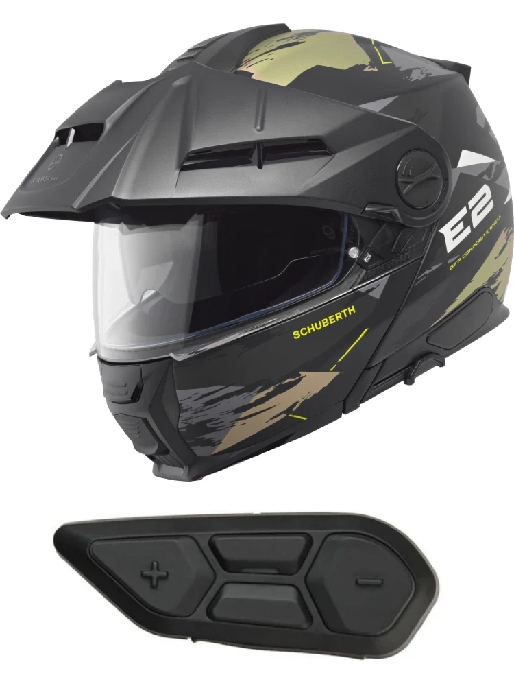 Zestaw: Kask szczękowy Schuberth E2 Trail czarno-zielony połysk + dedykowany interkom motocyklowy