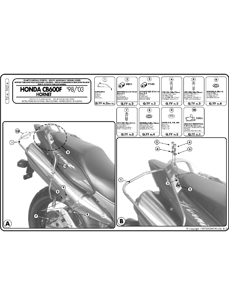 Stelaż pod sakwy motocyklowe Kappa Honda Hornet 600/ S (98-02)