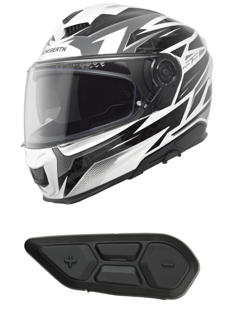 Zestaw: Kask integralny Schuberth S3 Thunder czarno-biały połysk + dedykowany interkom motocyklowy