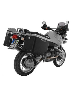 Zestaw: kufry boczne z anodowanego aluminium czarne Zega Pro + stelaże srebrne Touratech BMW R1150GS/R1150GS Adventure/R1100GS/R850GS (38+45L)