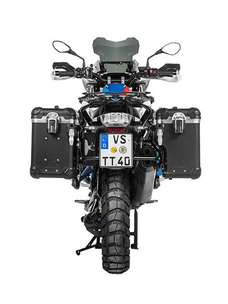 Zestaw: kufry boczne z anodowanego aluminium czarne Zega Evo X + stelaże czarne Touratech BMW R1250GS/Adventure/ R1200GS (13-21)/ R1200GS Adventure (14-21) (2 x 38L)