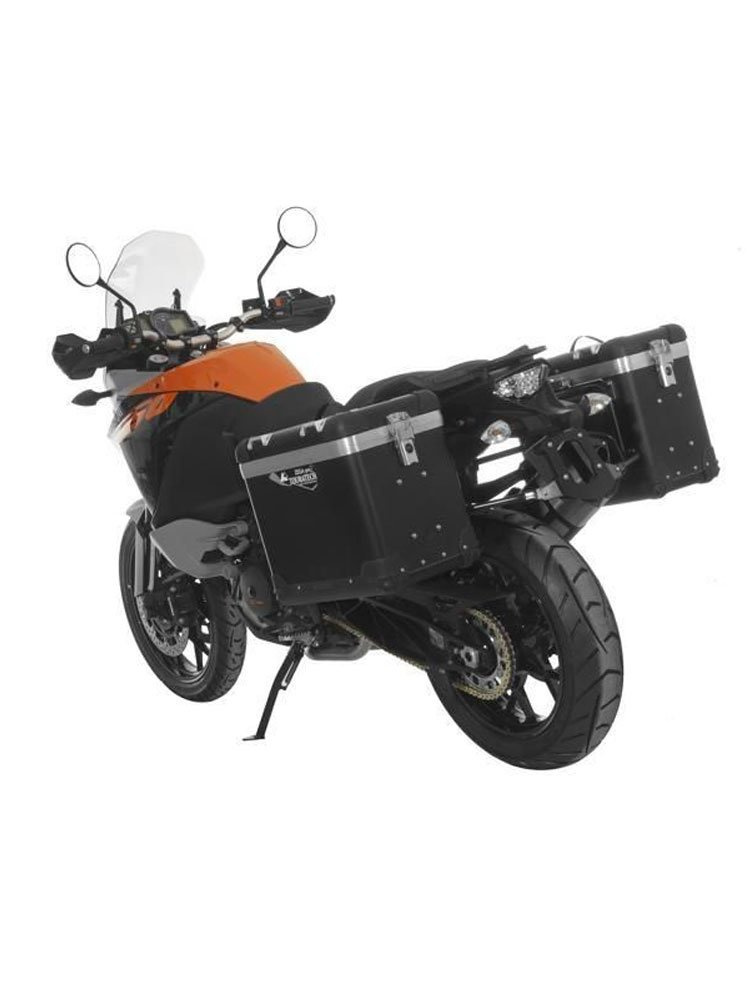 Zestaw: kufry boczne z anodowanego aluminium czarne Zega Pro + stelaże czarne Touratech KTM 1050 Adventure/ 1090 Adventure/ 1290 Super Adventure (-20)/1190 Adventure/R (38+45L)