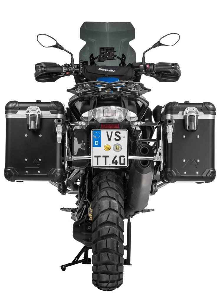 Zestaw: kufry boczne z anodowanego aluminium czarne "And-Black" Zega Evo + stelaże srebrne Touratech BMW R1250GS/ R1250GS Adventure/ R1200GS (13-21)/ R1200GS Adventure (14-21) (38+45L)