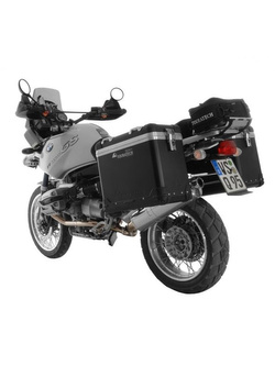 Zestaw: kufry boczne z anodowanego aluminium czarne Zega Pro + stelaże srebrne Touratech BMW R1150GS/R1150GS Adventure/R1100GS/R850GS (38+45L)