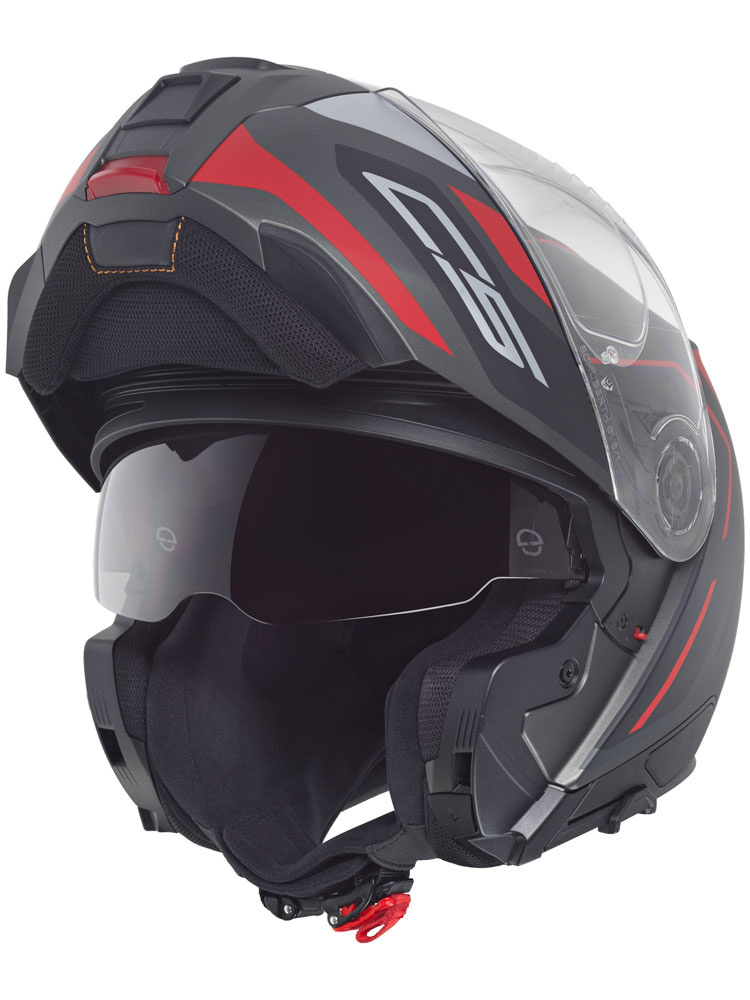 Zestaw: kask szczękowy Schuberth C5 Omega czarno-szaro-czerwony + dedykowany interkom motocyklowy