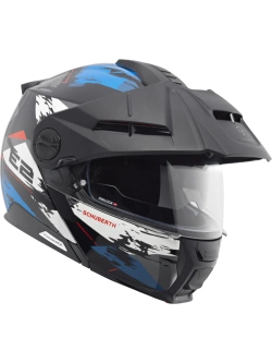 Zestaw: Kask szczękowy Schuberth E2 Trail czarno-biało-niebieski matowy + dedykowany interkom motocyklowy