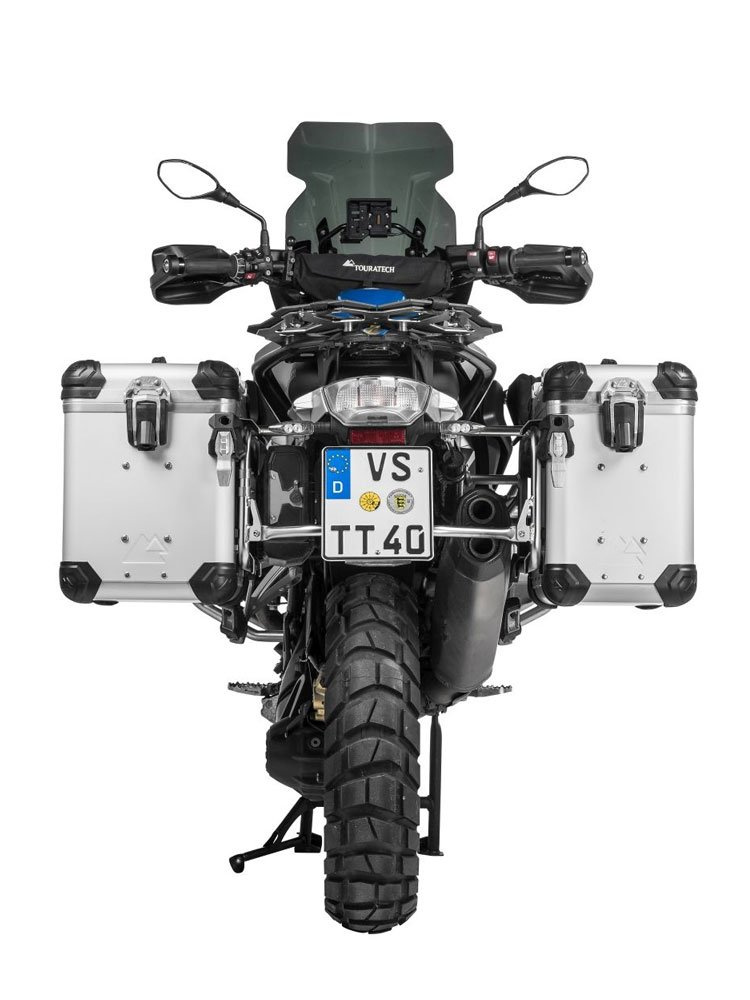 Zestaw: kufry boczne z anodowanego aluminium srebrne "And-S" Zega Evo + stelaże srebrne Touratech BMW R1250GS/ R1250GS Adventure/ R1200GS (13-21)/ R1200GS Adventure (14-21) (38+45L)