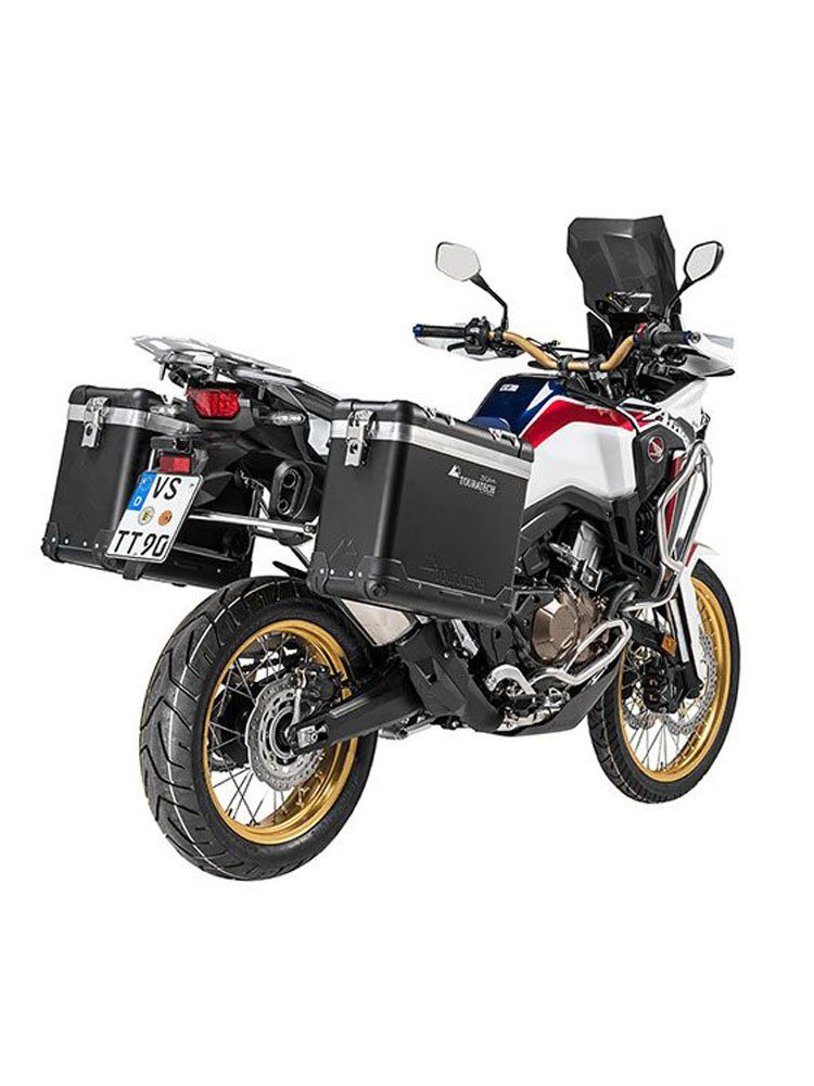 Zestaw: kufry boczne z anodowanego aluminium czarne Zega Pro + stelaże srebrne Touratech Honda CRF1000L Africa Twin (18-22) /CRF1000L Adventure Sports (31+38L)
