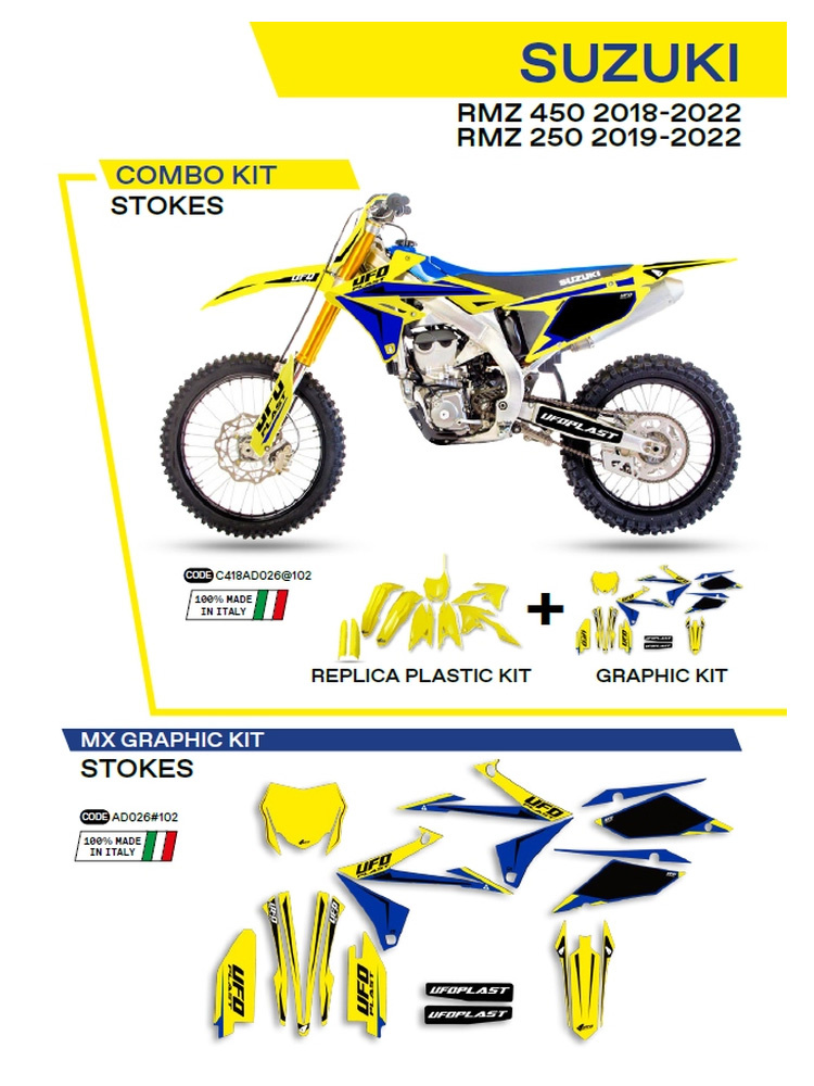 Komplet plastików i naklejek UFO Stokes do Suzuki RMZ 250 (19-), RMZ 450 (18-) żółty