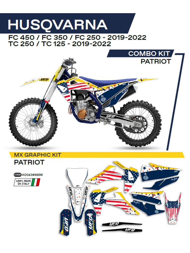Komplet naklejek UFO Patriot do Husqvarny TC 125/250, FC 250/350/450 (19-) biało-niebieski