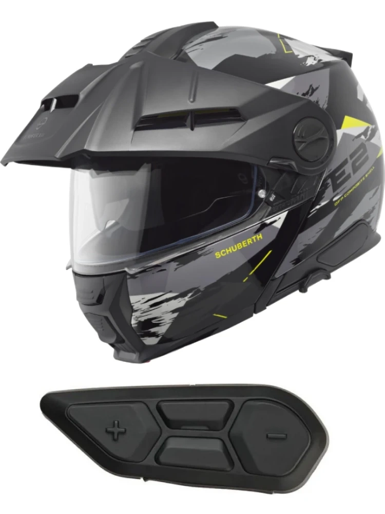 Zestaw: Kask szczękowy Schuberth E2 Trail czarno-szaro-żółty matowy + dedykowany interkom motocyklowy