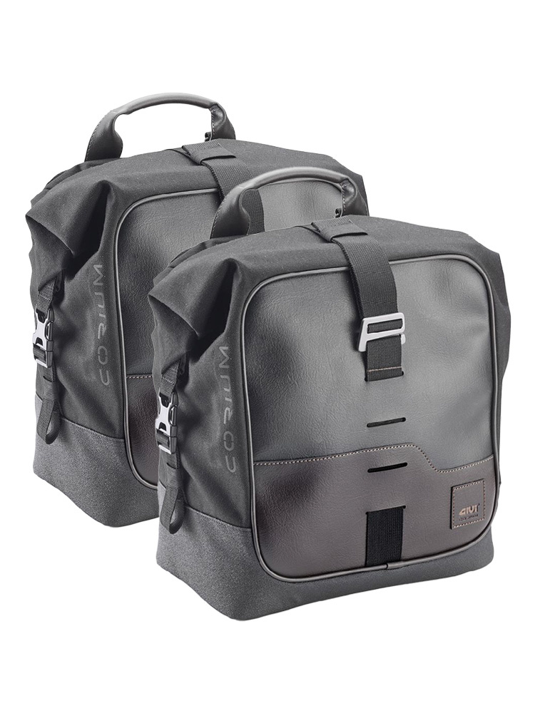Sakwy boczne tekstylne Givi Corium CRM102 z pasem mocującym CRM105 czarno-brązowe [pojemność: 2x16 l]