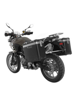 Zestaw: kufry boczne z anodowanego aluminium czarne Zega Pro + stelaże srebrne Touratech BMW F800GS/ F700GS/ F650GS (Twin) (31+38L)