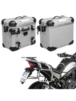 Zestaw: kufry boczne aluminiowe srebrne "And-S" Zega Evo + stelaże srebrne Touratech Honda XL 750 Transalp (23-) [poj.: 38+38l]