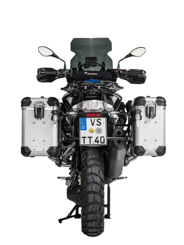 Zestaw: kufry boczne z anodowanego aluminium srebrne "And-S" Zega Evo + stelaże czarne Touratech BMW R1250GS/ R1250GS Adventure/ R1200GS (13-21)/ R1200GS Adventure (14-21) (31+38L)