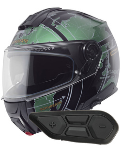 Zestaw: kask szczękowy Schuberth C5 Globe zielono-czarny + dedykowany interkom motocyklowy