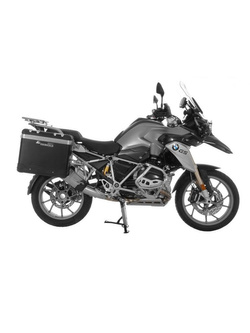 Zestaw: kufry boczne z anodowanego aluminium czarne Zega Pro + stelaże srebrne Touratech BMW R1250GS/ R1250GS Adventure/ R1200GS (13-21)/ R1200GS Adventure (14-21) (38+45L)