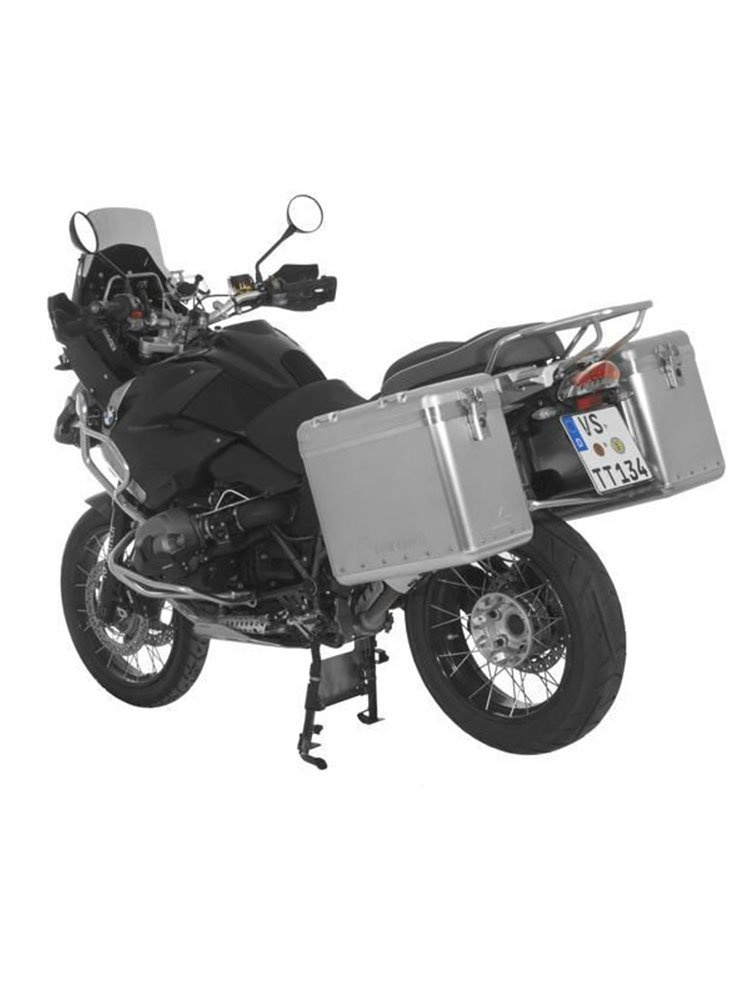 Zestaw: kufry boczne srebrne Zega Mundo + stelaże srebrne Touratech BMW R1200GS/Adventure (38+45L)