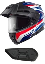 Zestaw: Kask szczękowy Schuberth E2 Expedition biało-niebiesko-czerwony + dedykowany interkom motocyklowy