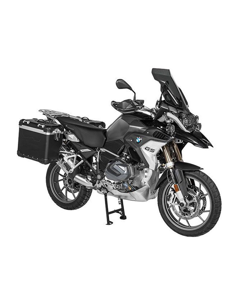 Zestaw: kufry boczne z anodowanego aluminium czarne Zega Evo X + stelaże srebne Touratech BMW R1250GS/Adventure/ R1200GS (13-21)/ R1200GS Adventure (14-21) (2 x 38L)