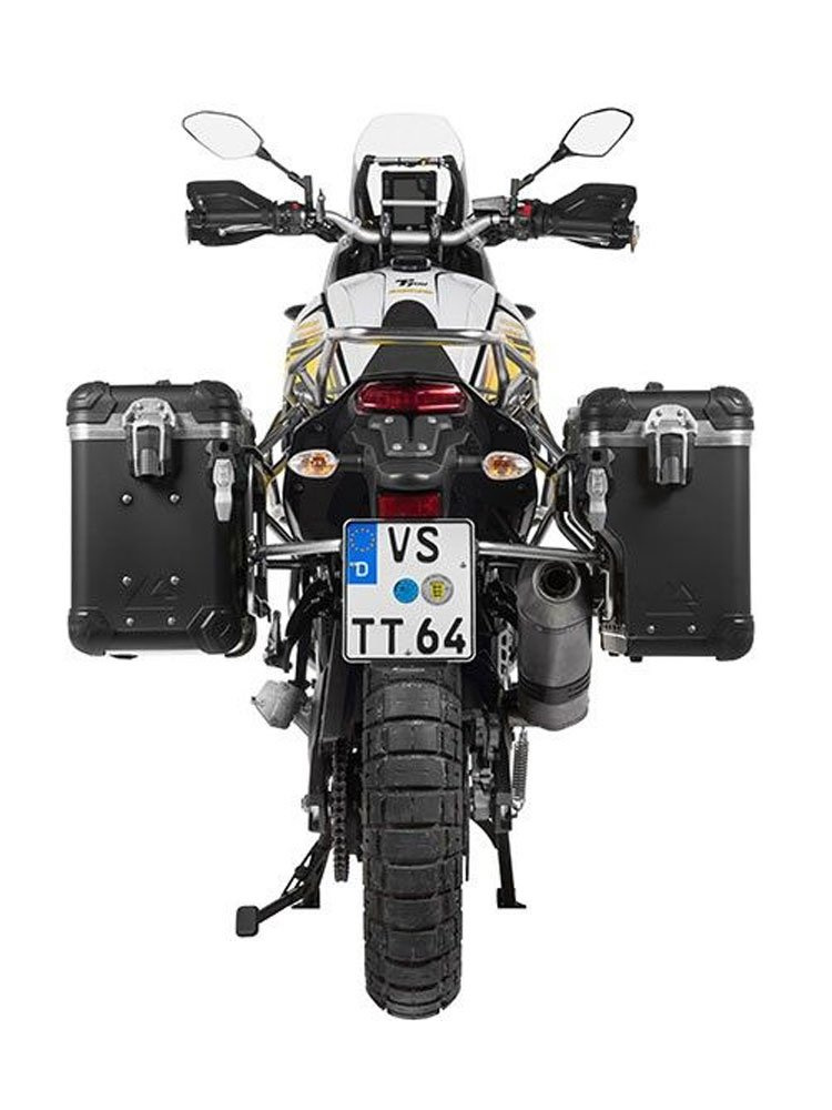 Zestaw: kufry boczne z anodowanego aluminium czarne Zega Evo X + stelaże srebne Touratech Yamaha Tenere 700 / World Raid (2 x 38L)