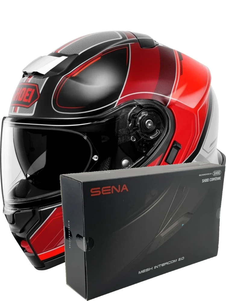 Zestaw: kask szczękowy Shoei Neotec 3 Sharpen TC-1 czerwono-czarny + dedykowany interkom motocyklowy Sena SRL 3