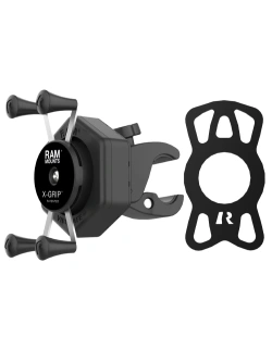 Uchwyt na telefon RAM X-Grip z adapterem tłumiącym wibracje i małą klamrą zaciskową Tough-Claw