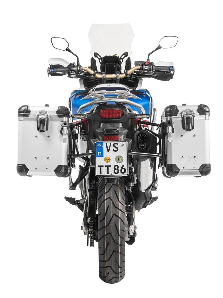 Zestaw: kufry boczne z anodowanego aluminium srebrne "And-S" Zega Evo + stelaże czarne Touratech Honda CRF1000L Africa Twin (18-22) / CRF1000L Adventure Sports (38+45L)