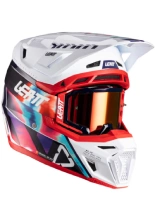 Kask enduro Leatt Moto 8.5 V25 biało-niebiesko-czerwony z goglami czerwono-niebieskimi