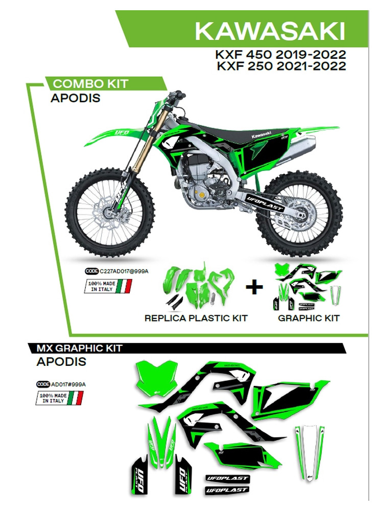 Komplet plastików i naklejek UFO Apodis do Kawasaki KXF 250 (21-), KXF 450 (19-) zielono-czarny
